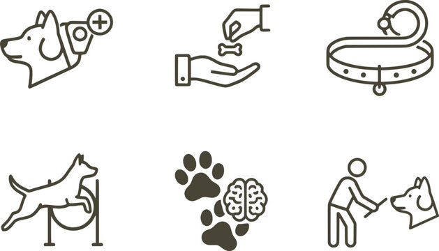 Dog training and canine behavior icon set. Collection of linear icons featuring positive reinforcement (treats), agility hurdles, dog collar, professional training, and canine brain/psychology concept