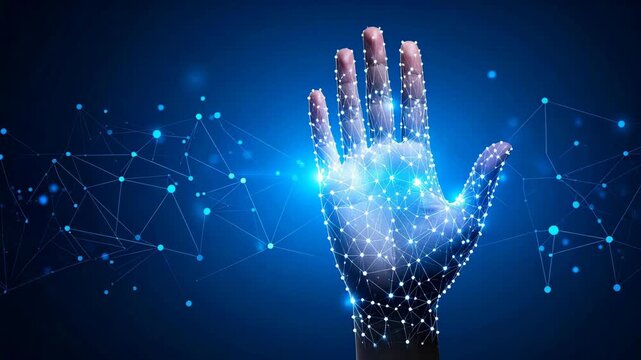 Digital network connection and human hand in glowing futuristic technology abstract