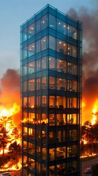 Modern glass office building stands against a backdrop of raging wildfire and smoke