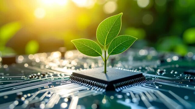 Green sprout growing from computer chip on circuit board with sunlight