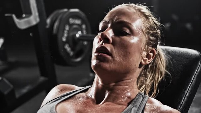 Sweating athletic woman rests on a gym bench, catching her breath. She shows exhaustion and determination after an intense workout session.
