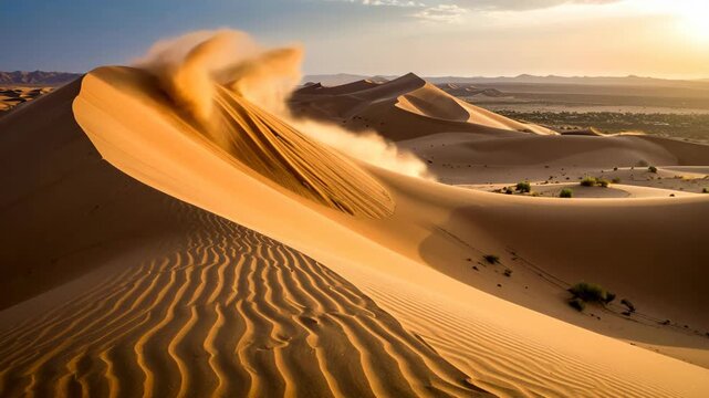 Golden desert dunes at sunset with wind blowing sand and rippled textures