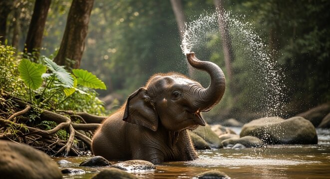 Baby elephant playfully splashes water with its trunk in a lush jungle river.
