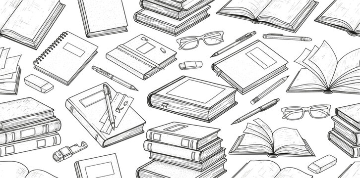 Hand Drawn Books and Study Supplies Seamless Pattern Illustration with Notebooks, Pens, Glasses, and Reading Elements for Education and Publishing Designs