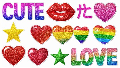 "Create a vibrant set of glittery stickers with playful, colorful designs, including words, hearts, stars, lips, and rainbow accents, all sparkling with a cheerful and affectionate mood."