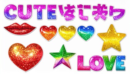 "Create a vibrant set of glittery stickers with playful, colorful designs, including words, hearts, stars, lips, and rainbow accents, all sparkling with a cheerful and affectionate mood."