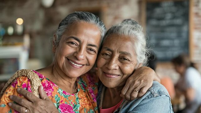 Two elderly Filipina women embracing warmly, radiating joy and connection. Close-up portrait captures their kind smiles. Authentic moment of sisterhood, aging gracefully.