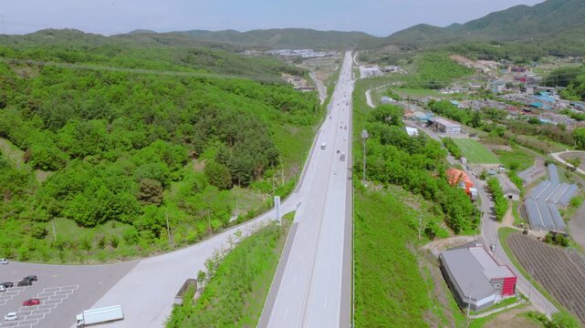 Aerial view of Gwangju-Wonju Expressway near Gwangju Service Area, South Korea.