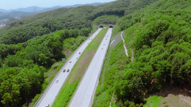 Aerial view of Gwangju-Wonju Expressway near Gwangju Service Area, South Korea.