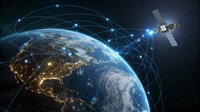 Satellite orbits Earth connecting global network with glowing lines, digital communication concept