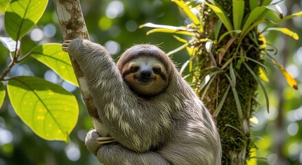 Naklejka premium Close-up of a three-toed sloth hanging from a tree branch in a lush rainforest, looking directly at the camera.