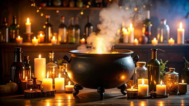 Mystical cauldron with bubbling potion and lit candles on a wooden table