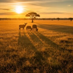 Deer Grazing in Serene Savannah Landscape.