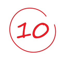 10 in a drawn circle, an icon, on a white background, isolated, red in color,