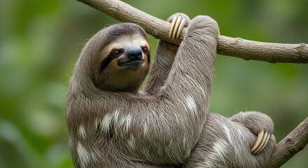 Naklejka premium Close-up of a three-toed sloth hanging from a tree branch in its natural habitat.