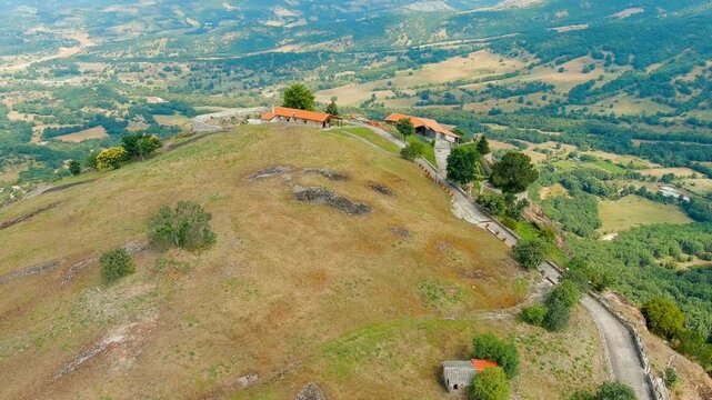 Meteora, Kalabaka, Greece. Monastery of the Transfiguration of the Saviour. Meteora - rocks, up to 600 meters high. There are 6 active Greek Orthodox monasteries listed on the UNESCO list. Drone foot