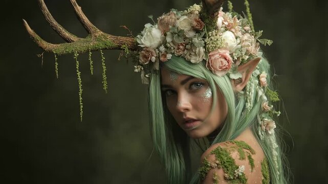 Forest spirit with green hair and floral crown stands in a dim space with antlers and moss on her skin while looking towards the side