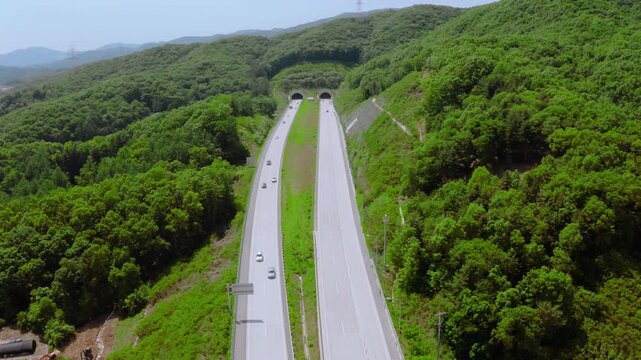 Aerial view of Gwangju-Wonju Expressway near Gwangju Service Area, South Korea.