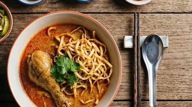 Northern thai coconut curry noodle soup with chicken and garnish on rustic wood for menu or cuisine concept