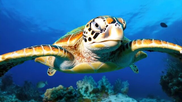A close-up underwater shot of a sea turtle, swimming towards the viewer