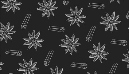 Seamless pattern with star anise and cinnamon sticks. Hand drawn spice illustration. Kitchen Herb and Vegetable Line Art. Black and white aromatic kitchen background.