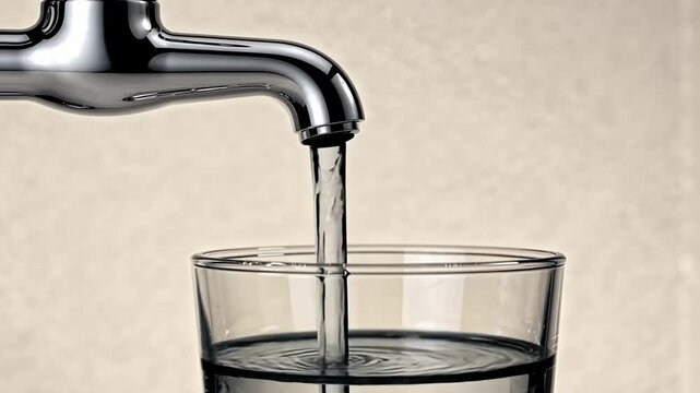 Water stream flowing from a chrome faucet into a clear drinking glass, showing the consistent filling process.