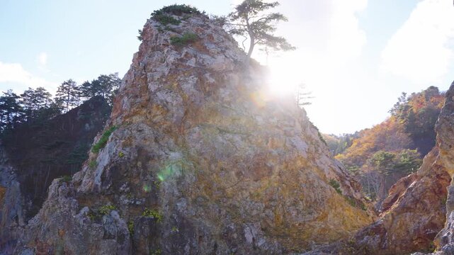 Sun Shines through Autumn Coastline of Michinoku Trail in Iwate Japan