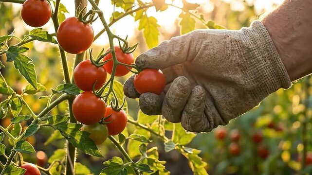 Man wearing a garden glove harvesting red cherry tomatoes from a lush green plant in a sunny outdoor setting.
