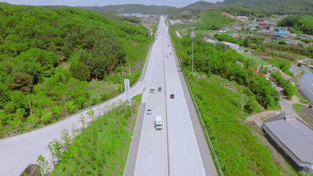 Aerial view of Gwangju-Wonju Expressway near Gwangju Service Area, South Korea.