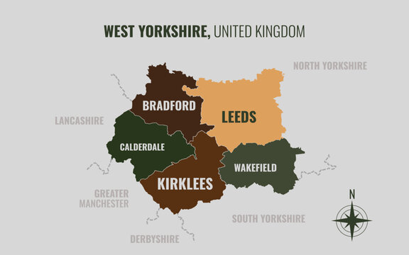 A map showing West Yorkshire UK City into Local in a minimalist colorful style