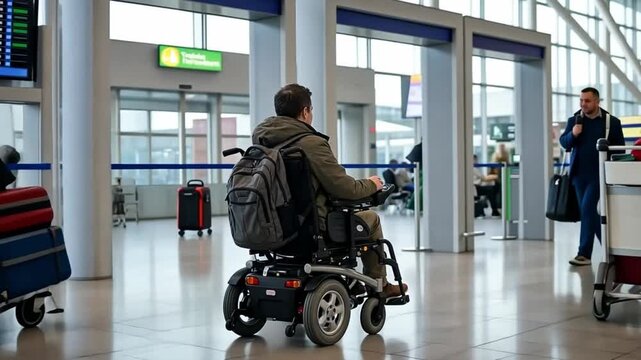 Man traveling through airport in electric wheelchair with luggage cart, navigating modern terminal and viewing flight information board