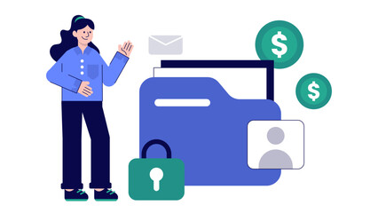 A professional woman presenting a secure digital folder with money icons and security lock symbols