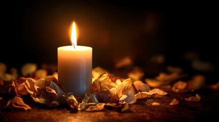 A solitary lit candle casting a warm glow amidst dried petals.