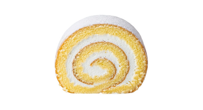 Delicious Swiss roll cake with cream isolated PNG, sweet dessert with powdered sugar on transparent background, bakery product for cafe menu