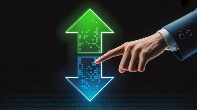 A hand interacting with digital up and down arrows representing data flow.