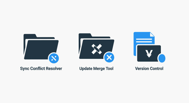 Icons for software development and data management: sync conflict resolver, update merge tool, and version control system. Enhancing collaboration and workflow.