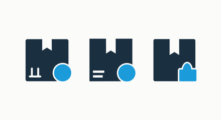 Package and delivery icons: boxed item with status indicator, cargo box details, and secure package with lock. Representing shipping, storage, and security.