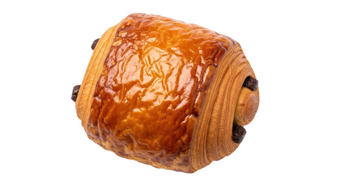 Delicious chocolate croissant isolated PNG on transparent background, flaky pastry filled with rich dark chocolate, viennoiserie for breakfast or snack