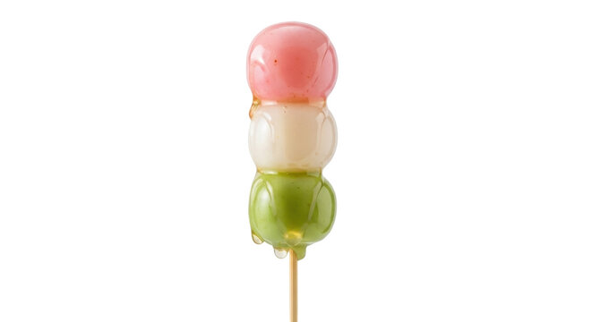 Colorful tricolor dango mochi isolated PNG on transparent background, Japanese dessert skewer with pink, white, and green rice dumplings