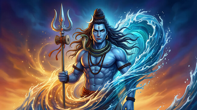 Lord shiva as the master of ganga river for maha shivratri dynamic water splash and mahadev holding trishula trident in powerful spiritual pose for devotees