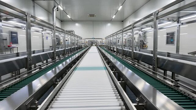 Modern automated factory conveyor system with roller and belt lines ready for product processing and industrial manufacturing.