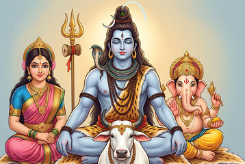 Fototapeta premium Lord shiva parvati ganesha family portrait for maha shivratri sitting with nandi bull divine blessings of mahadev in this religious art for indian festival decoration