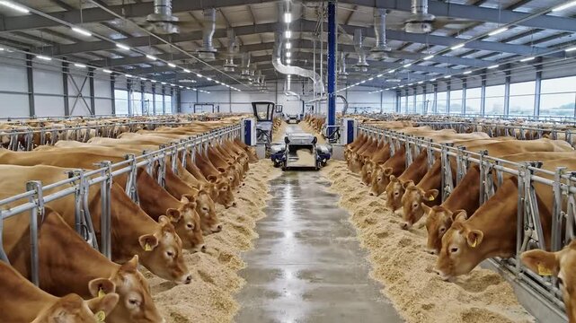 Modern automated barn with rows of brown cows eating feed from troughs