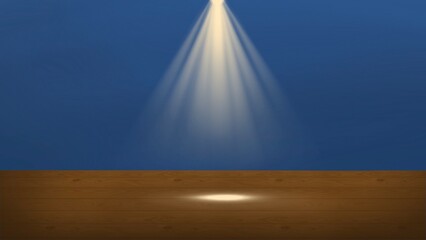 A spotlight shines down on a sandy beach against a clear blue sky, captured from a low angle, 