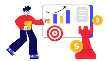 Man pointing at a growth chart with a chess piece and money icons representing business strategy