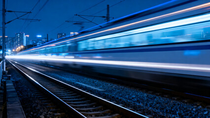 High Speed Train Motion Blur at Night with Urban City Lights