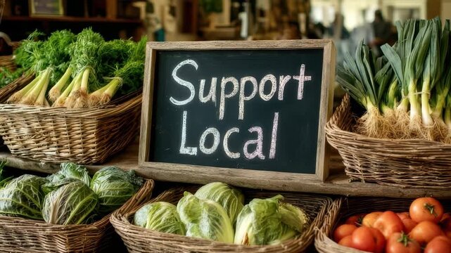 Farm stand selling fresh organic vegetables promoting local businesses