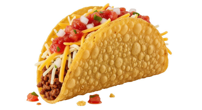 Delicious crispy taco with beef, cheese, and salsa isolated PNG, traditional Mexican fast food on transparent background