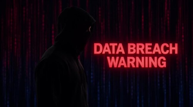 Data Breach Warning with Hooded Hacker and Flowing Digital Code