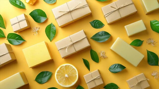 Yellow background with gift boxes, soap bars, green leaves, lemon slice, and flower buds